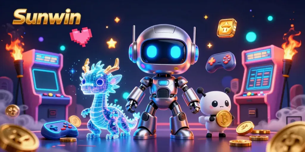 Engage with the vibrant scene of Sunwin, showcasing a cyberpunk robot and a holographic dragon amidst glowing arcade elements.