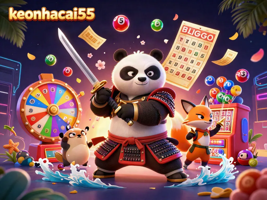 A dynamic illustration featuring keonhacai55 with a samurai panda, ninja fox, and floating spirit tanuki amidst lively gaming elements.