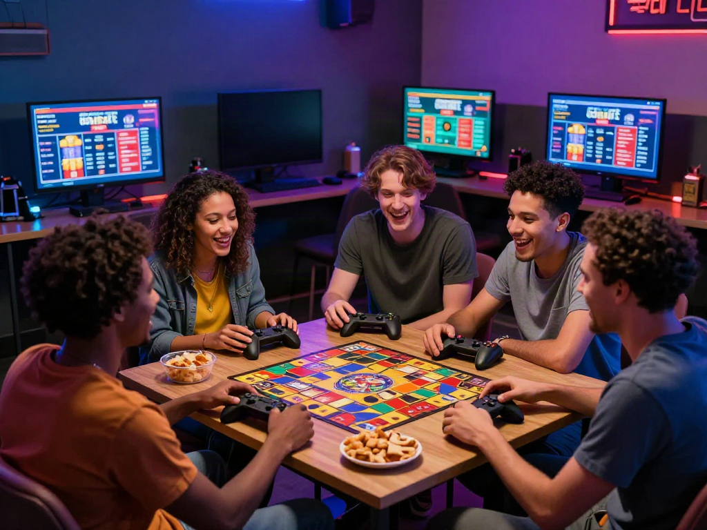 Friends enjoying game night in a vibrant lounge, discussing casinos not on gamstop uk.