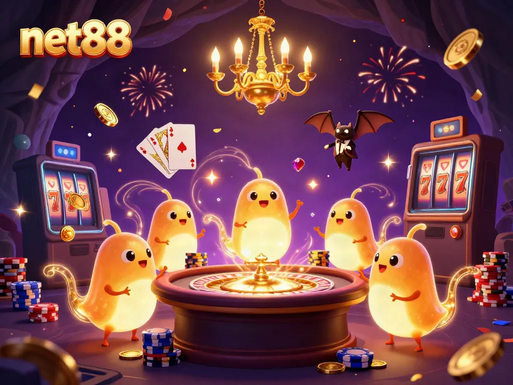 Experience the excitement at net88's vibrant casino with animated glowing characters and dynamic gaming elements.