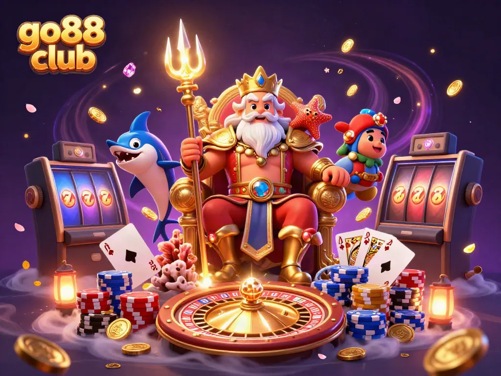 Engaging scene of go88 club with Neptune, a swordfish samurai, and a decorated starfish amidst casino symbols and gold coins