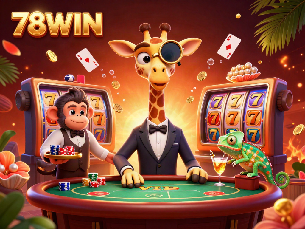Experience high-stakes gaming at 78WIN with vibrant 3D characters in a dynamic casino setting.