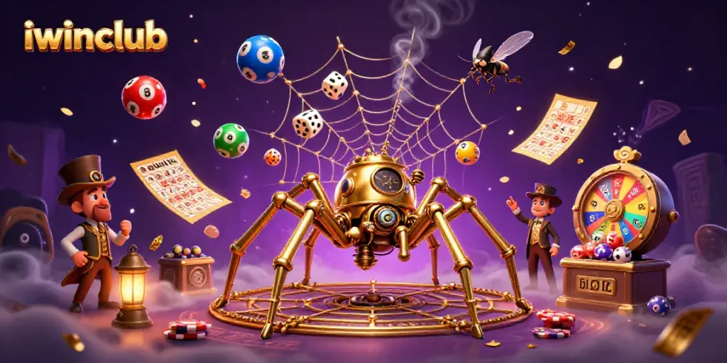 Experience the vibrant world of iwinclub with a 3D golden spider illustration symbolizing casino excitement and gameplay.