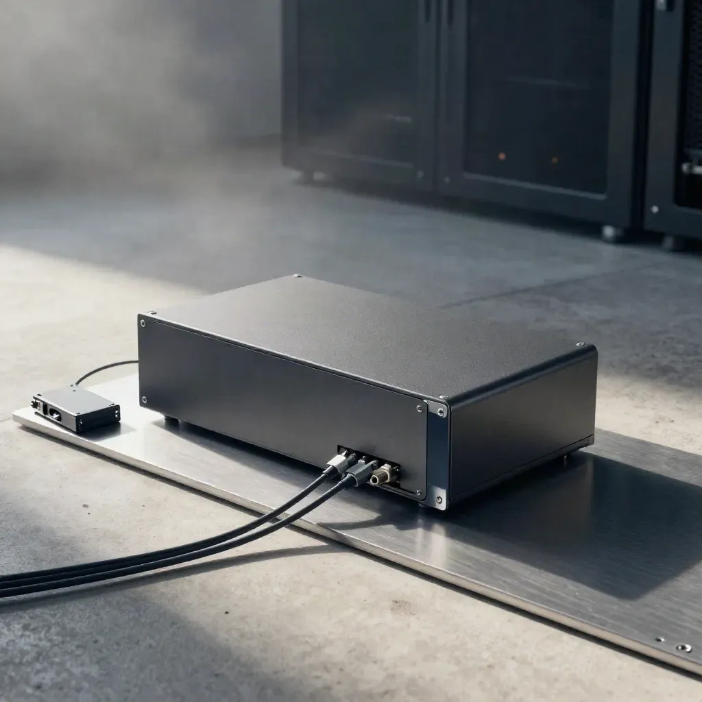 Graphite cloud gateway on a misty metal slab with fibre leads and backup cartridges