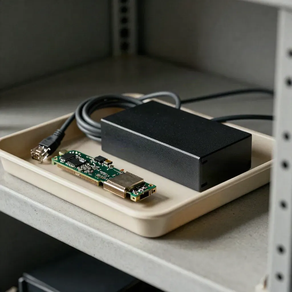 SFP module, power brick and coiled ethernet lead in a diagonal utility tray