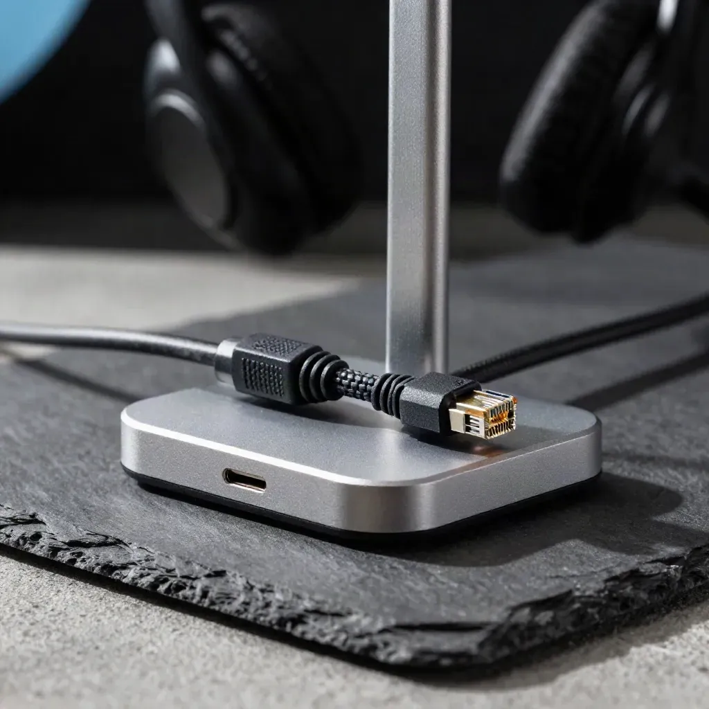 Macro desk kit: headset stand, USB-C hub and braided ethernet cable on slate with sky-blue glints.