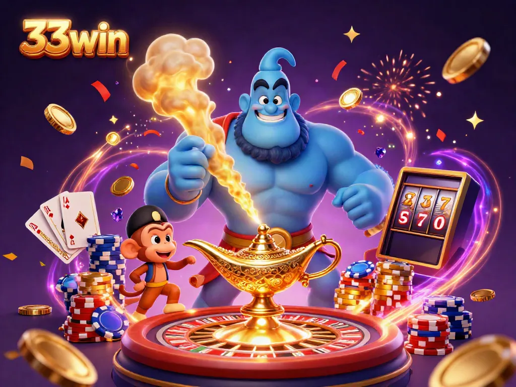 Engage with 33win's thrilling casino experience featuring vibrant genie and magical elements.