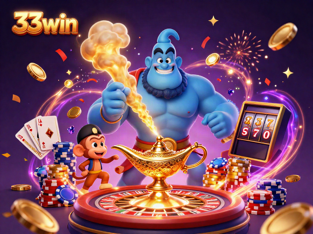 Engage with 33win's thrilling casino experience featuring vibrant genie and magical elements.