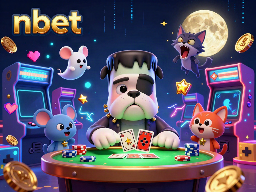 Engage in thrilling 3D nbet casino games led by a whimsical Frankenstein bulldog dealer.