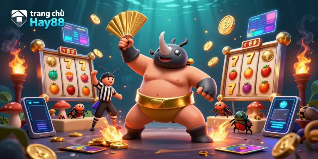 "trang chủ Hay88" showcases a vibrant 3D scene of a beetle champion gambling, enriched with visual effects and gaming elements.