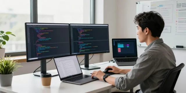 Developer using instant indexing tools in a modern tech workspace