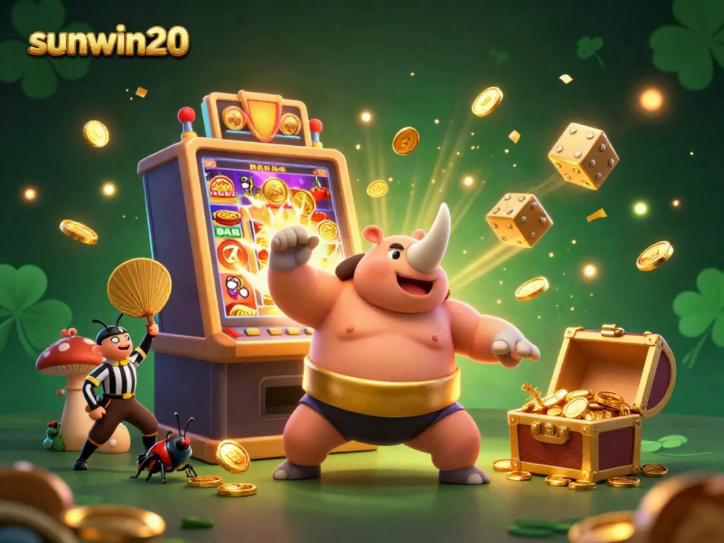Experience the action with sunwin20 as a rhinoceros beetle sumo champion triumphantly sending coins flying in a vibrant casino scene.