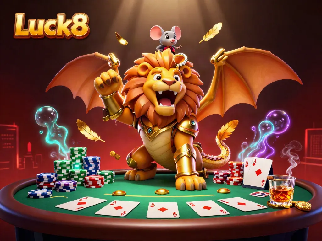 Luck8 showcases a stunning scene of a chimera creature triumphantly roaring above a vibrant poker table in an ultra-detailed casino illustration.