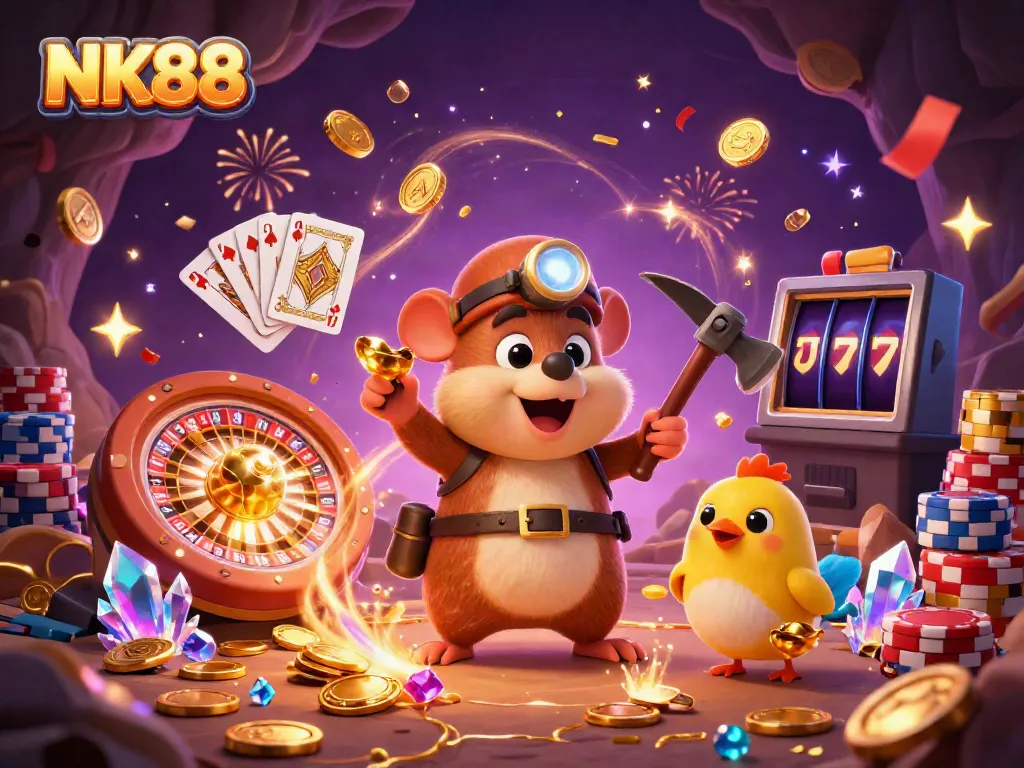 Experience the thrill at NK88 with cartoon treasure hunter and canary surrounded by casino games.