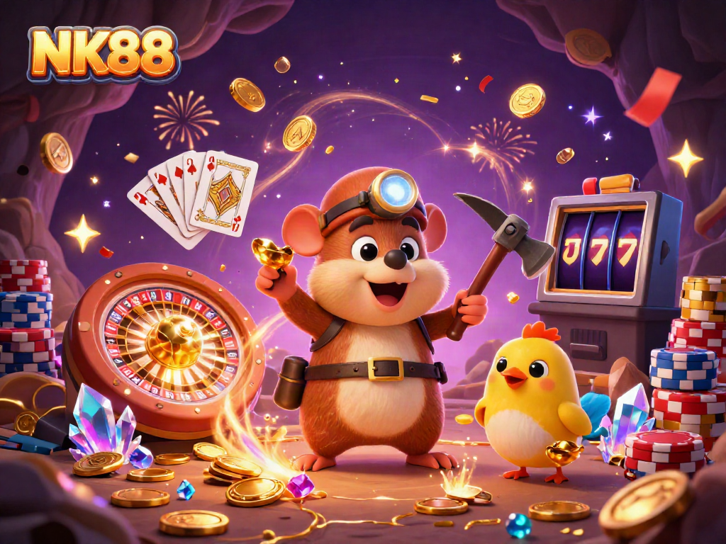 Experience the thrill at NK88 with cartoon treasure hunter and canary surrounded by casino games.