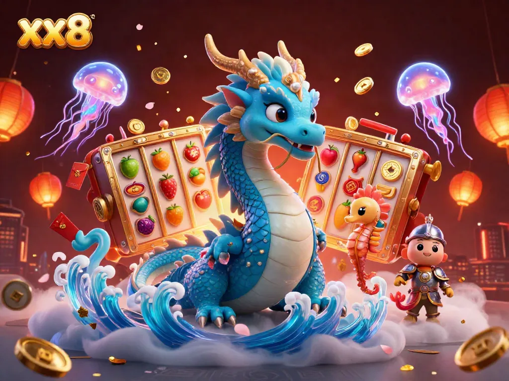 Experience winning moments with xx8, featuring a vibrant water dragon and dynamic slot reels.