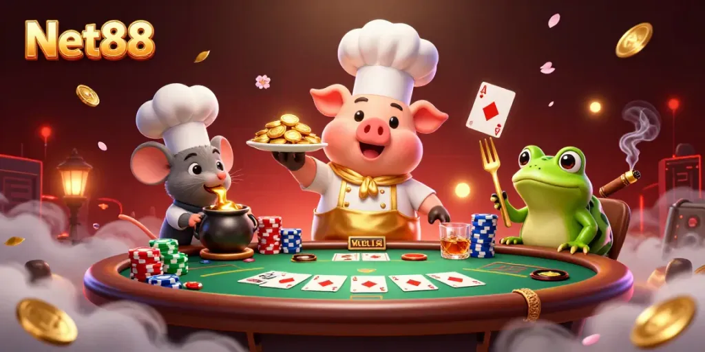 Bet big with Net88 while enjoying a dynamic casino scene with poker chips and gold coins.