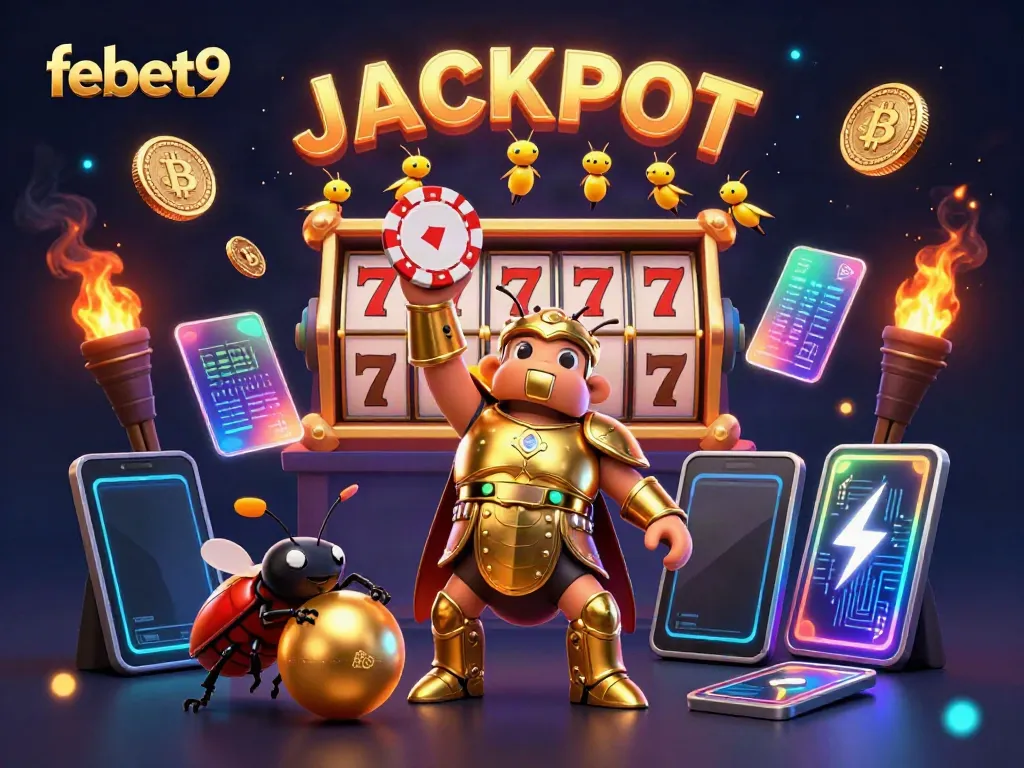 Experience winning moments with febet9 as a golden armored beetle lifts a poker chip amidst vibrant casino elements.