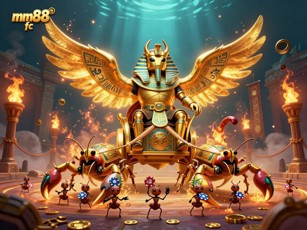 Engage with the dynamic mm88 fc gaming scene featuring golden beetles and scorpions amidst vibrant casino elements.