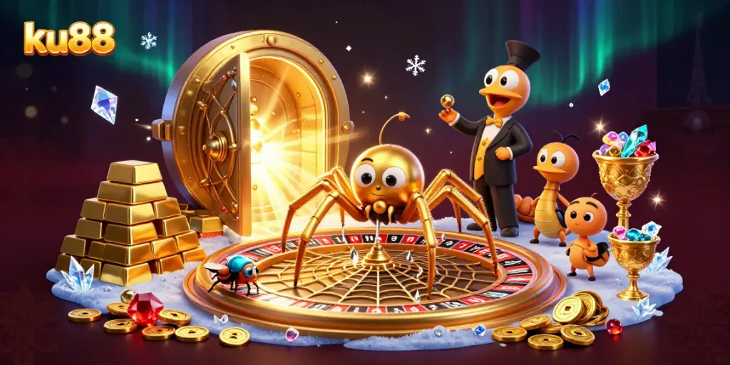Experience the excitement of ku88 with a vibrant, engaging casino scene showcasing a golden spider and centipede croupier.