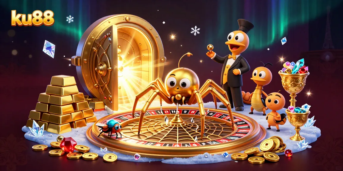 Experience the excitement of ku88 with a vibrant, engaging casino scene showcasing a golden spider and centipede croupier.
