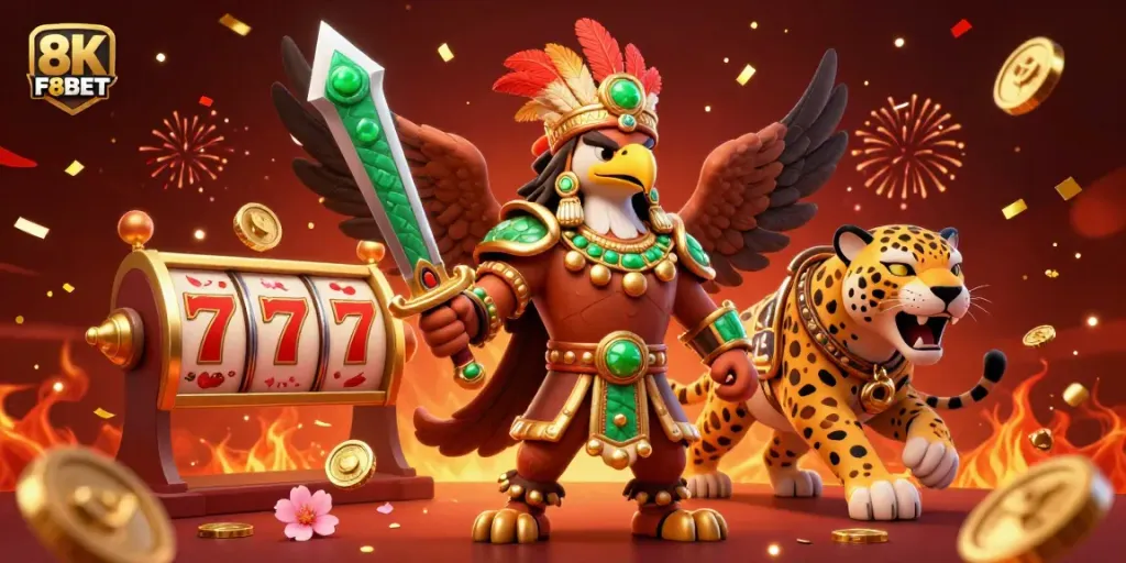 Experience an electric F8BET casino adventure with Aztec warriors and spinning rewards in vibrant 3D.