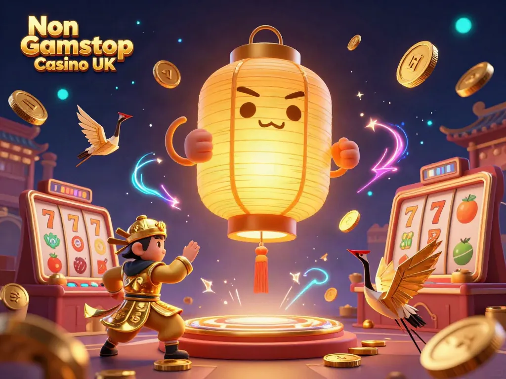 Play exciting slots in a vibrant Non Gamstop Casino UK scene, with dynamic golden lanterns and jackpots.
