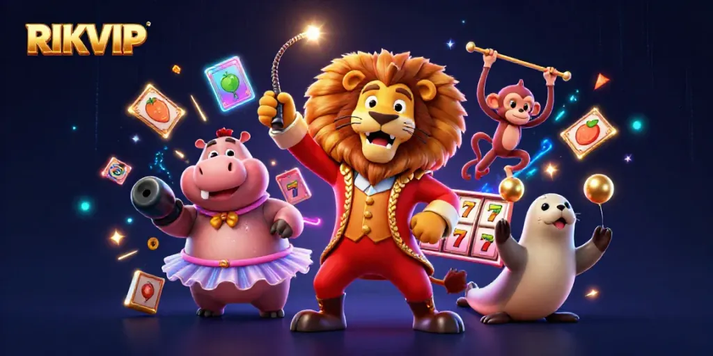 RIKVIP carnival-themed casino scene showcasing vibrant characters and slot game elements for gamblers.
