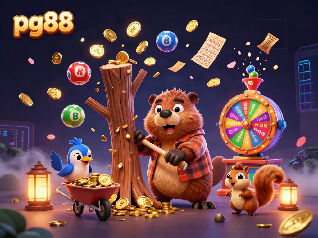 Spin the jackpot wheel with pg88 as a 3D beaver collects gold coins and lottery balls.