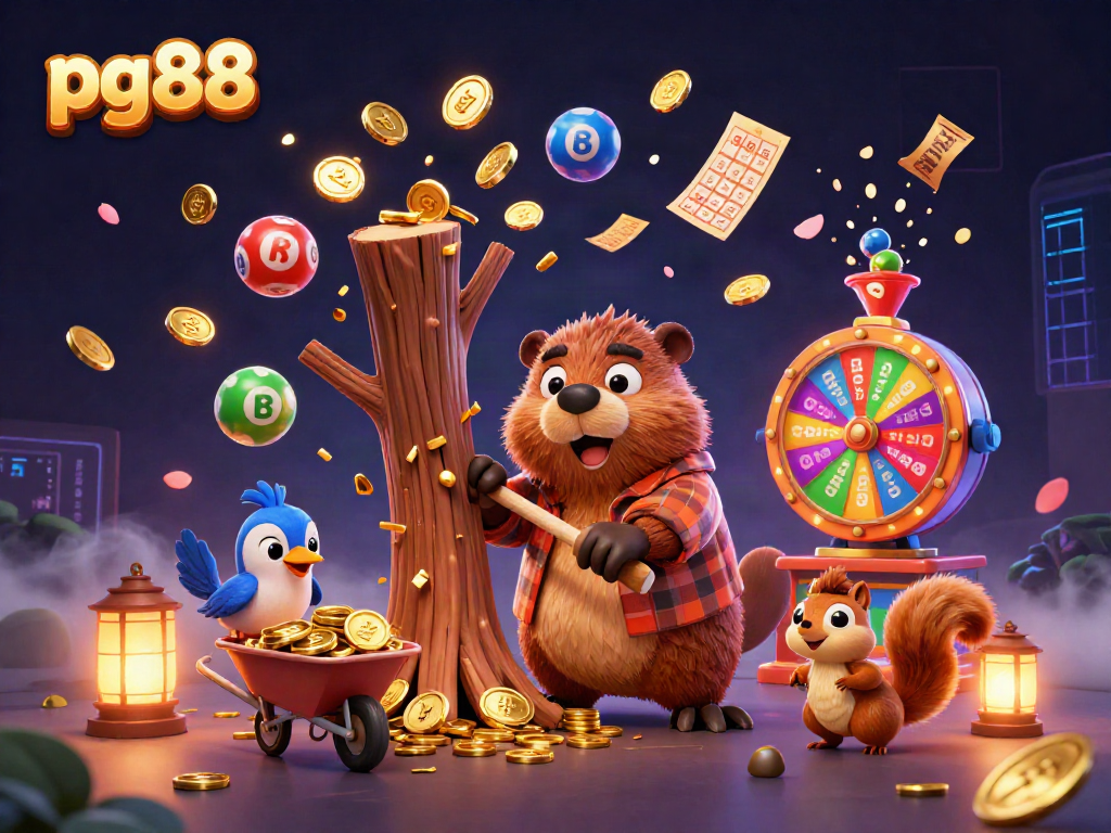 Spin the jackpot wheel with pg88 as a 3D beaver collects gold coins and lottery balls.