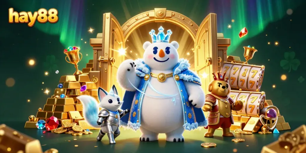 Experience the thrill of hay88 with an energetic online casino scene featuring a polar bear and fox amidst riches.