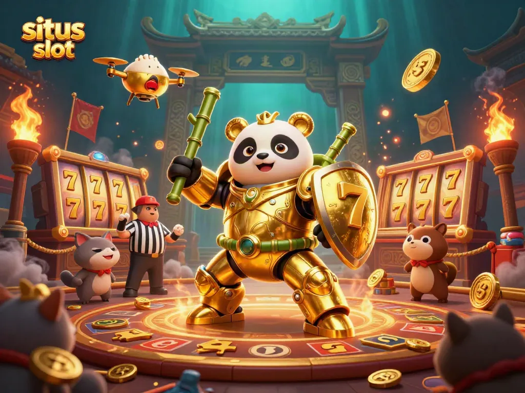 Experience thrilling moments at situs slot with an exciting 3D casino showdown featuring a golden panda and dynamic elements.