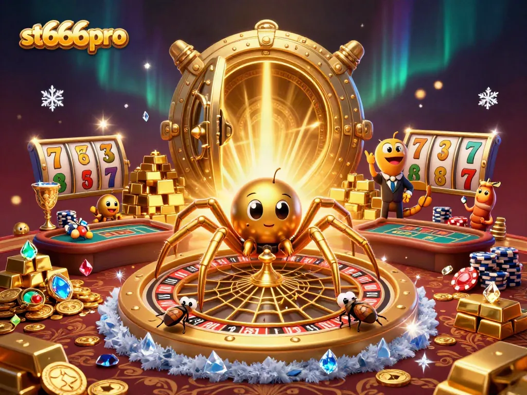 Engage with st666pro on a vibrant casino scene featuring a golden spider and thrilling roulette wheel.