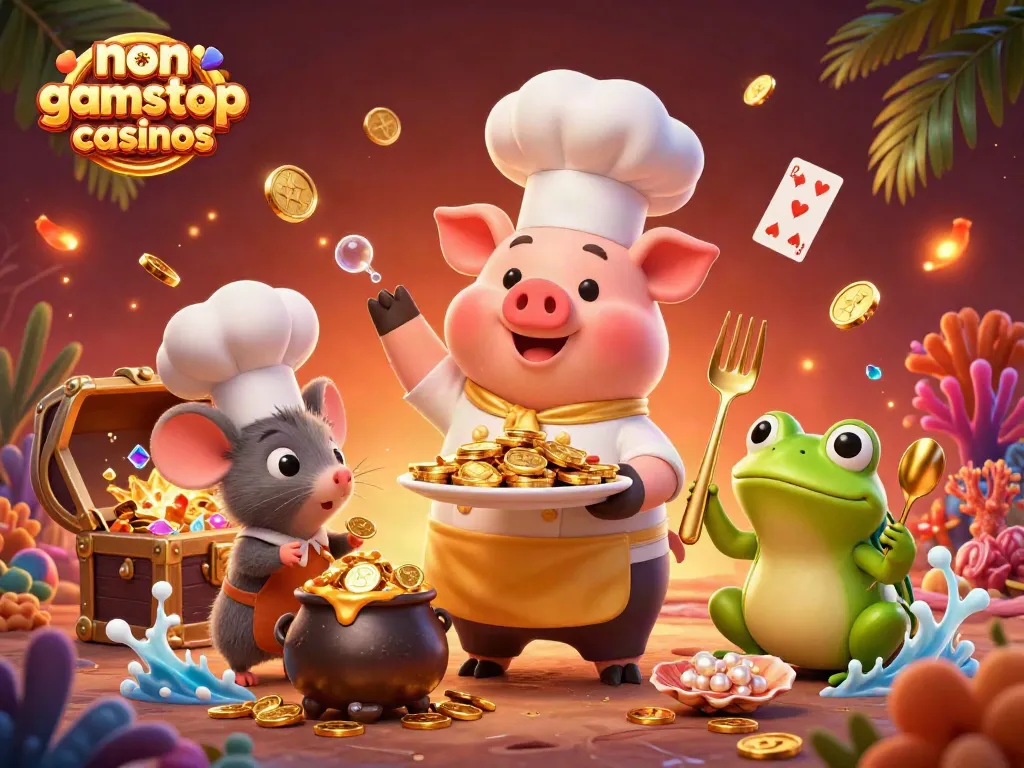 Experience non gamstop casinos with vibrant characters serving gold coins in an engaging underwater scene.