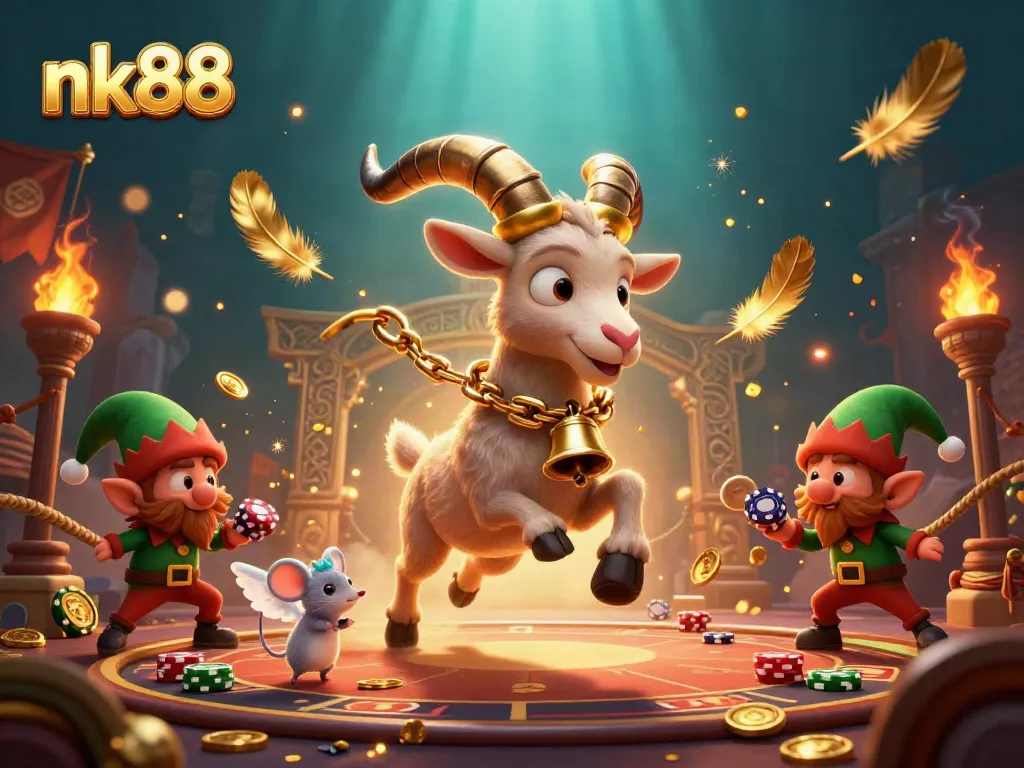 Join the excitement at nk88 casino as Krampus oversees chaos with elf gremlins stealing chips in a vibrant, atmospheric scene.