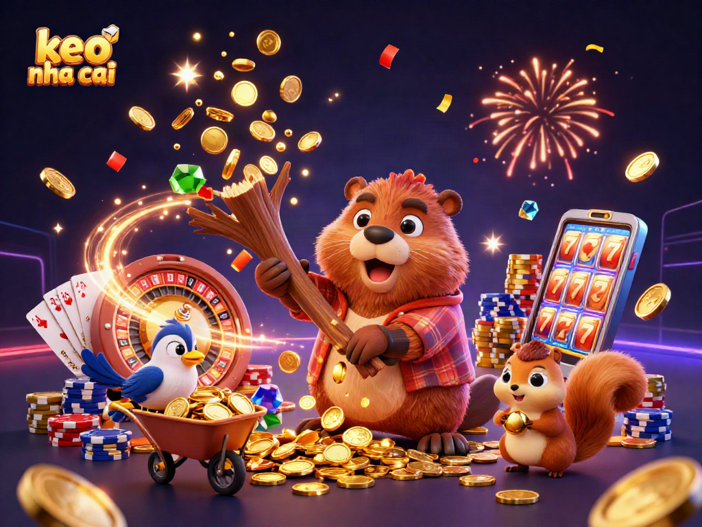 Experience the excitement of keo nha cai with dynamic characters and casino elements in a vibrant scene.