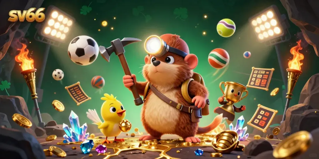 Bet on sv66 as treasure hunter mole digs for riches in vibrant casino-themed scene.