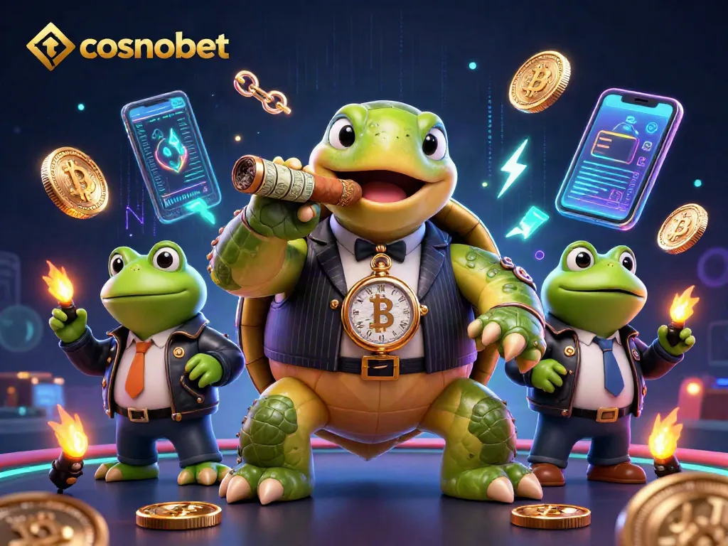 Experience the vibrant gaming environment of cosmobet with cartoon characters amidst glowing digital coins and casino elements.