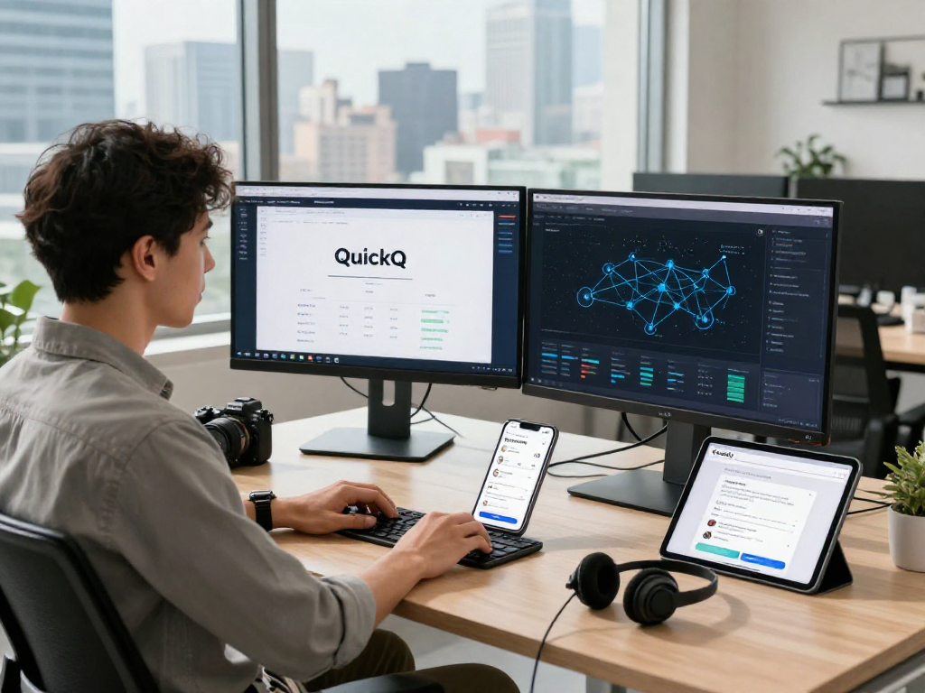 使用QuickQ加速网络连接的现代办公场景，显示技术专业人士的工作环境。