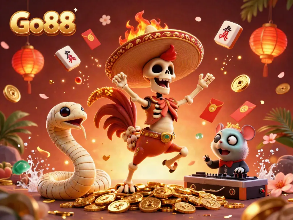 Go88's vibrant casino scene showcasing a lively mariachi rooster dancing on coins, enhancing your gaming excitement.