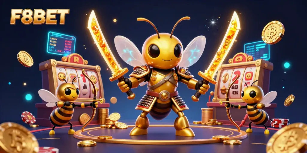 Engage in thrilling casino gaming at F8BET with a vibrant 3D illustration featuring a golden hornet and dynamic game elements.