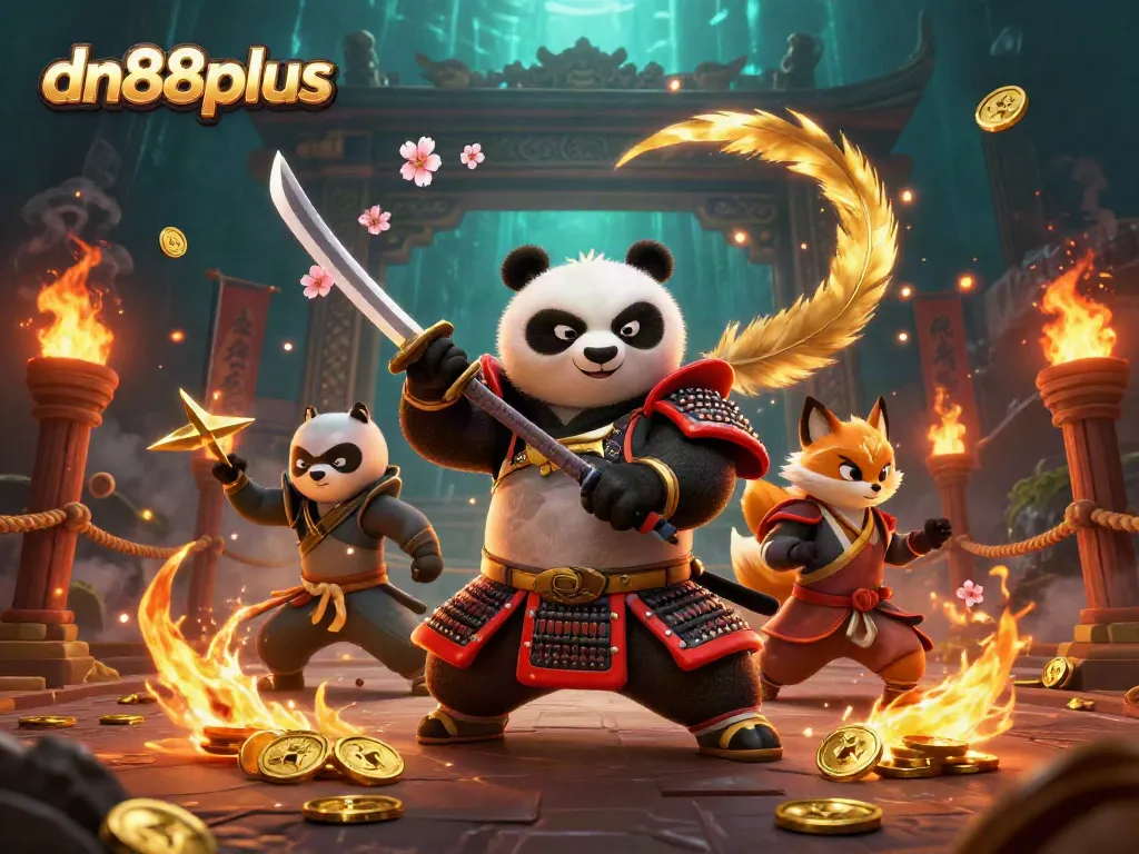 Experience dynamic gameplay with dn88plus as a samurai panda battles and wins amidst swirling coins.