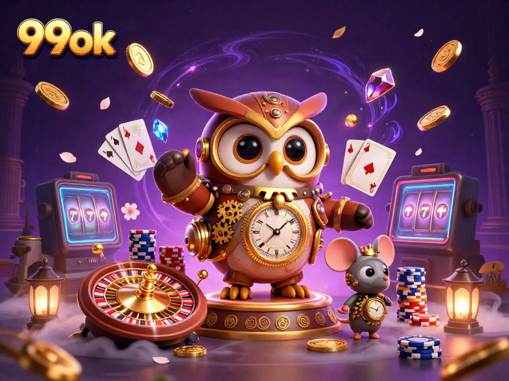Experience the thrilling ambiance of 99ok with a steampunk owl and casino elements