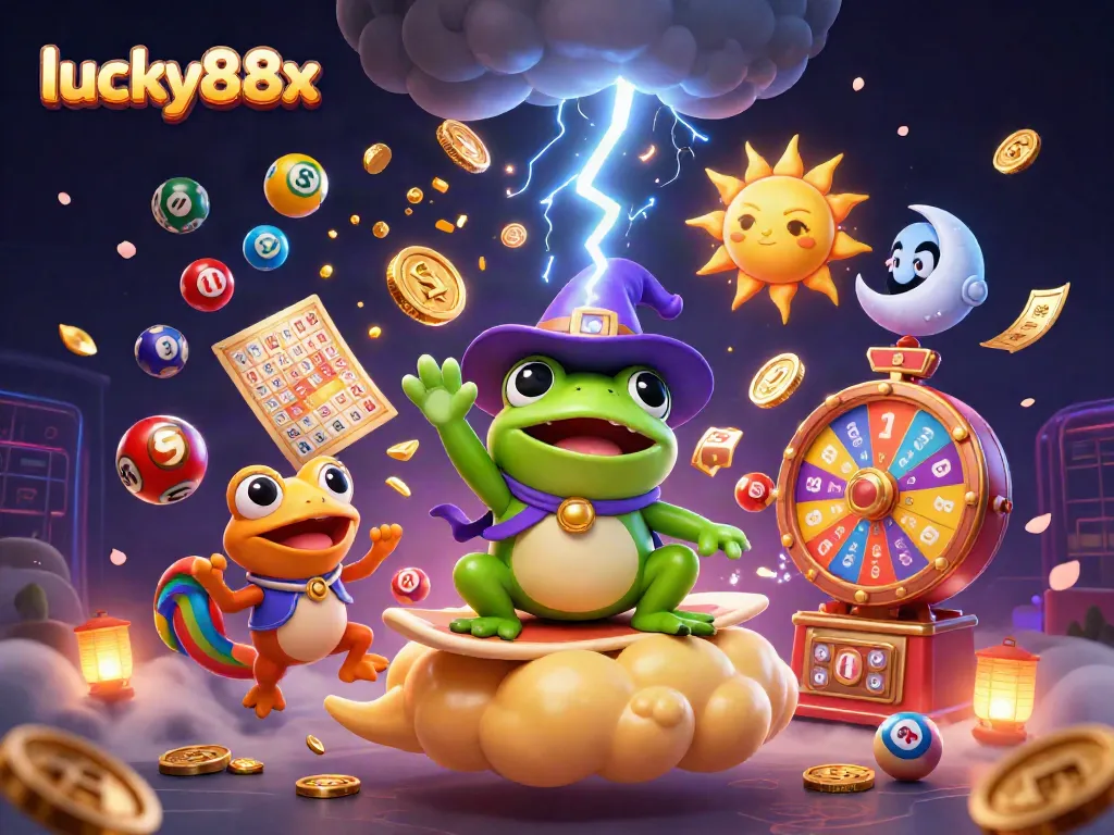 Discover winning strategies at lucky88x with a vibrant 3D illustration of gambling elements and characters.