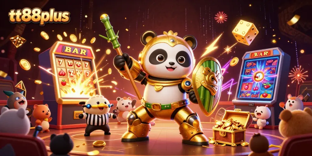 Experience thrilling slots action at tt88plus with a vibrant 3D casino scene bursting with excitement.