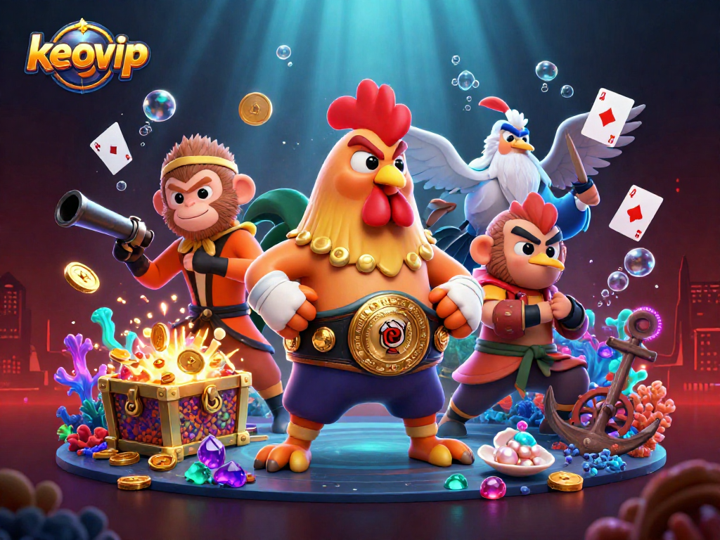 Experience keovip's vibrant casino adventure with a cartoon rooster, Shaolin monkey, and crane master amidst exciting game elements.