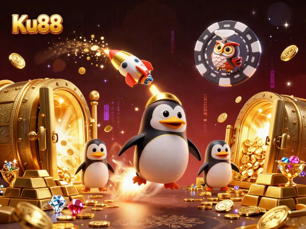Experience thrilling action with Ku88 as a golden penguin blasts through space toward a casino!
