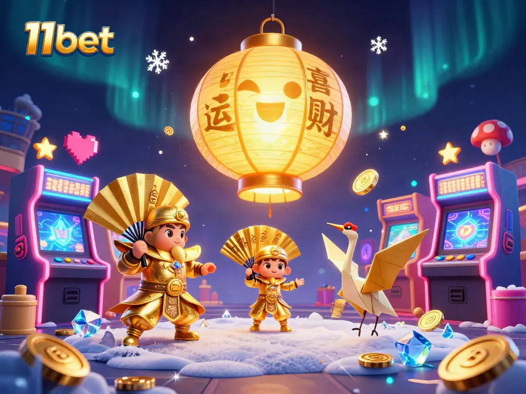 11bet's vibrant online gaming scene featuring a golden spirit, fans, and arcade machines.