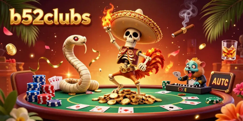 Bets come alive with b52clubs as a mariachi rooster dances on golden coins amid gambling action.