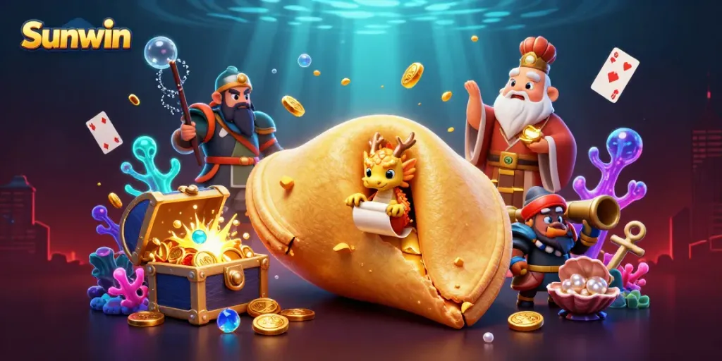Sunwin players strategically engage in thrilling casino adventures with vibrant characters and gold.